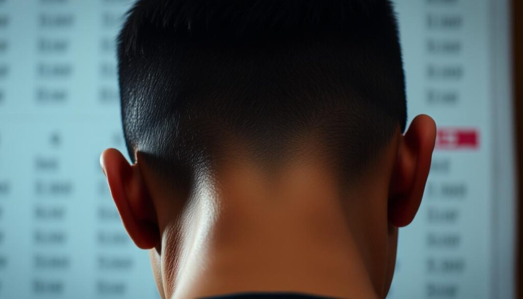 A close-up view of a person's head and shoulders, with a focused gaze on the forehead and the back of the neck. The lighting is soft and diffused, creating a contemplative, pensive mood. The background is blurred, drawing the viewer's attention to the subject's intense concentration. The image conveys the idea of deeply studying and analyzing the patterns and numbers associated with "soi cầu đầu đít lô đề," a technique used in Vietnamese lottery gambling to predict winning numbers.