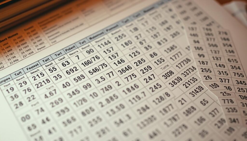 A detailed analysis of lottery number combinations displayed on a neatly organized spreadsheet, illuminated by warm task lighting and captured from a slight overhead angle. The numbers are presented in a clean, minimalist layout, allowing the viewer to clearly focus on the intricate patterns and statistical insights. The overall mood is one of focused, analytical contemplation, inviting the viewer to delve into the strategic nuances of effective lottery number selection.