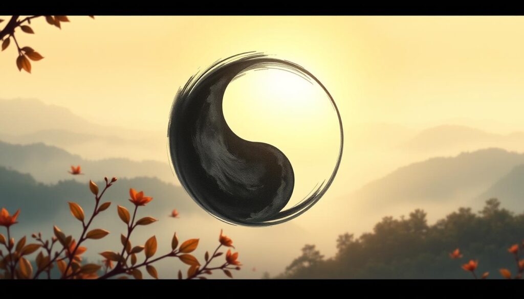 A detailed illustration of the principles of yin and yang, showcasing a harmonious balance of dark and light energies. Depicted on a tranquil landscape, the yin-yang symbol is rendered in elegant brushstrokes, with subtle gradients and textures that evoke traditional East Asian art. The foreground features delicately rendered leaves, petals, and natural elements, while the background subtly blends into a mist-shrouded vista, creating a sense of depth and serenity. The lighting is soft and diffused, casting a warm, meditative glow over the entire scene. The overall composition and color palette are designed to visually guide the viewer towards a deeper understanding of the fundamental duality that underlies the universe.