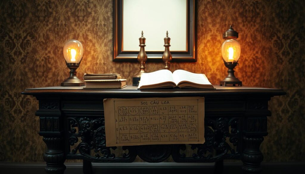 A dimly lit, ornate wooden table with intricate carvings, set against a backdrop of a richly textured, muted wallpaper. On the table, a stack of old, worn books, a pair of antique brass lamps casting a warm, soft glow, and a hand-drawn diagram depicting various numerical patterns and calculations. The atmosphere is one of contemplation and scholarly pursuit, hinting at the mysteries and strategies of "soi cầu lô đề" - the Vietnamese art of lottery number prediction.