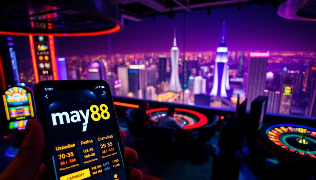 A neon-lit casino scene with high stakes gambling on a stylish online platform. In the foreground, a close-up of a sleek smartphone displaying the may88 logo and vibrant betting odds. The middle ground features a table with players intensely focused on their screens, surrounded by the glow of slot machines and roulette wheels. In the background, a panoramic view of a dazzling metropolitan skyline at night, reflecting the thrill and excitement of high-stakes online lotteries. Dramatic chiaroscuro lighting casts dramatic shadows, creating an atmosphere of anticipation and potential riches. The overall mood is one of modern, sophisticated gaming in a digital age.