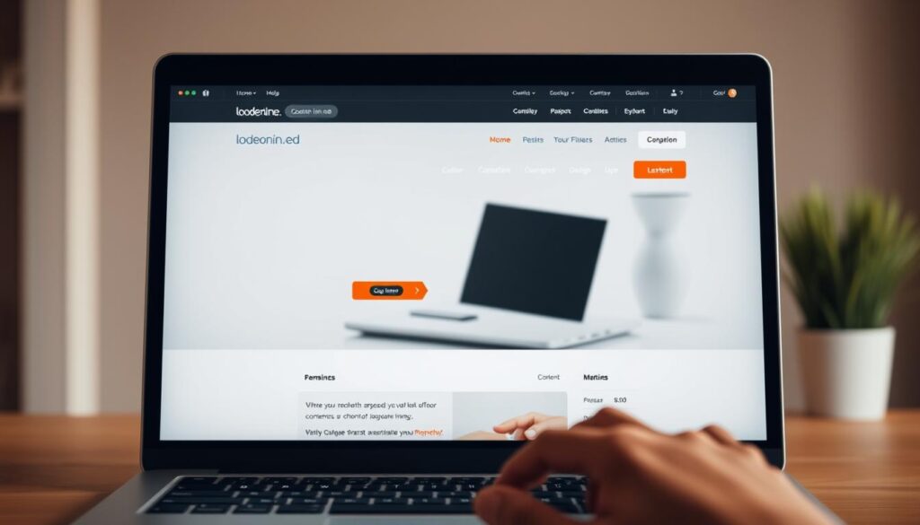 A sleek, minimalist website interface with a clean, professional design. The foreground features a laptop display showcasing the lodeonline.in.net homepage, with a simple, intuitive navigation menu and clear content layout. The middle ground depicts a user's hand interacting with the trackpad, conveying a sense of seamless, tactile engagement. The background is a softly blurred, neutral-toned workspace, creating a calming, focused atmosphere. Warm, diffused lighting illuminates the scene, highlighting the website's clarity and user-friendliness. The overall impression is one of a well-designed, easy-to-use digital platform.