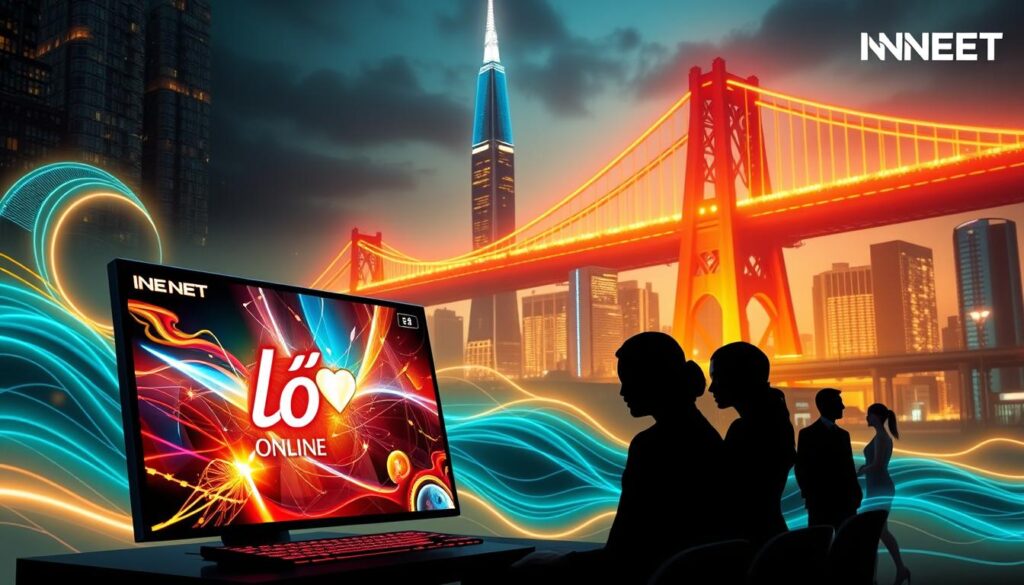 A sleek, modern online gambling platform set against a stylized backdrop of digital waves and glowing neon lights. In the foreground, a dynamic display showcases the thrilling lô đề online experience, with vibrant visuals and intuitive controls. The middle ground features elegant silhouettes of people deeply immersed in the excitement of the game, their faces illuminated by the screen's glow. In the background, a towering cityscape rises, its skyscrapers and bridges hinting at the grand scale of the INNET network. The overall atmosphere conveys a sense of technological sophistication, seamless connectivity, and the thrill of high-stakes gaming.
