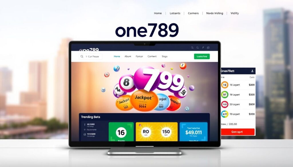 A sleek, modern website interface with a bold logo and clean layout showcasing the "lô đề trực tuyến one789" platform. The foreground features a prominent search bar, intuitive navigation menu, and colorful betting options. In the middle ground, a dynamic display of current jackpot amounts and trending bets creates an air of excitement. The background subtly incorporates stylized lottery ball graphics and a softly blurred cityscape, conveying a sense of urban sophistication. The overall atmosphere is one of trustworthiness, user-friendliness, and the thrill of online lottery gaming.