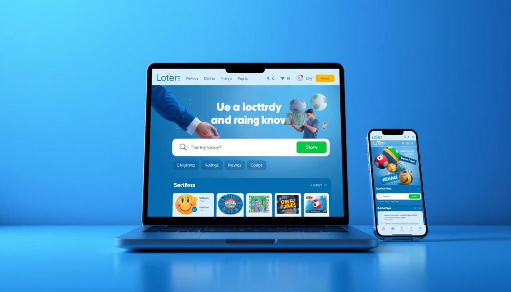 A sleek, user-friendly web interface with a clean, modern design. The layout features a prominent search bar, intuitive navigation menus, and eye-catching graphics that draw the user's attention. The color scheme utilizes a soothing palette of blues and grays, creating a calming and professional atmosphere. Subtle lighting effects and soft shadows add depth and dimension to the scene, while the camera angle provides a slightly elevated perspective to showcase the website's responsive and mobile-friendly layout. The overall impression is one of an accessible, trustworthy, and visually appealing online platform for lottery and betting enthusiasts.